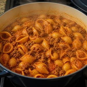 Conchiglie con carne macinata che sobbollono finché il sugo si addensa