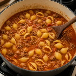 Salsa di pomodoro, brodo e conchiglie secche mescolati alla carne macinata