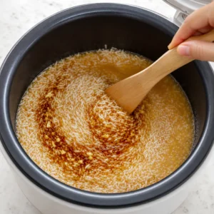쌀과 육수에 간장, 참기름, 다진 마늘을 섞는 모습