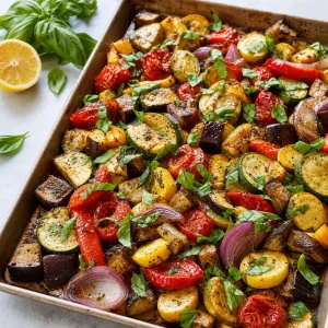 Fertiges Blech-Ratatouille mit Zitronensaft beträufelt und frischem Basilikum garniert.