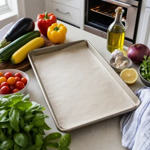 Mit Backpapier ausgelegtes Blech, vorbereitet neben frischem Ratatouille-Gemüse.