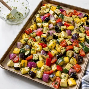 Ratatouille-Gemüse mit Kräuteröl überzogen und in einer Schicht verteilt.