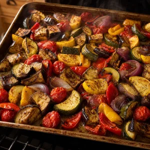 Zart geröstetes Ratatouille-Gemüse mit aufgeplatzten Tomaten und gerösteten Rändern.