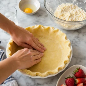 Buttery pie dough pressed into a pie dish for strawberry pour-over pie