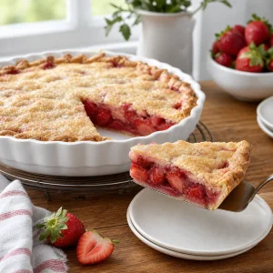Cooled strawberry pour-over pie served with one set slice on a plate