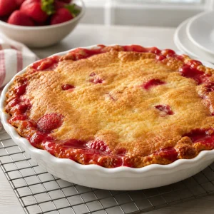 Golden baked strawberry pour-over pie with bubbling fruit edges