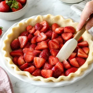 Halved strawberries with sugar and vanilla spread over the unbaked crust