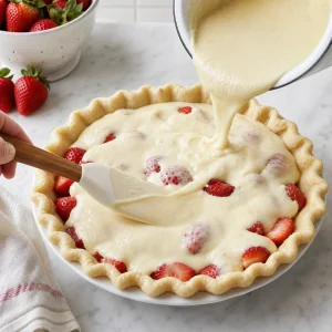 Pale batter gently spread over strawberries with fruit still showing