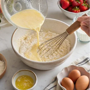 Pour-over batter mixed until just combined in a baking bowl