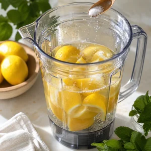 Zitronenviertel und Sirup im Mixbecher