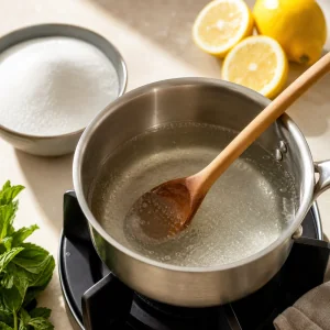 Zuckersirup erwaermt sich in einem kleinen Topf