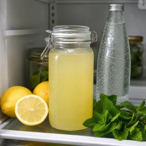 Passierte Zitronenbasis im Glas neben Sprudelwasser