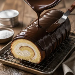 Glace brilhante de chocolate cobrindo o rocambole de creme