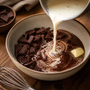 Creme quente despejado sobre chocolate picado