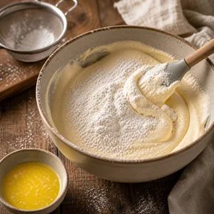Farinha peneirada incorporada a massa clara de pao de lo