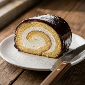 Fatia de rocambole de creme com chocolate em prato branco