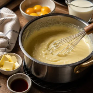 Creme de confeiteiro de baunilha espesso na panela