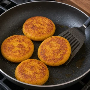 Llapingachos dorant dans une poêle