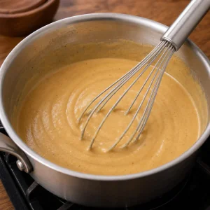 Sauce aux cacahuètes fouettée dans une casserole