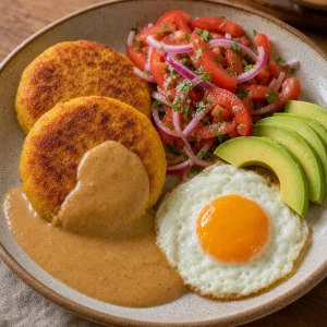 Llapingachos dressés avec sauce aux cacahuètes, salade, avocat et œuf au plat