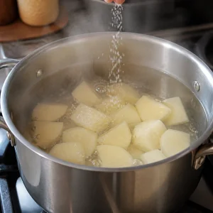 Morceaux de pommes de terre bouillant dans de l’eau salée