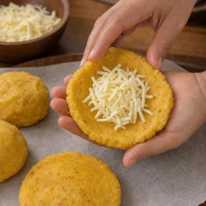 Fromage râpé sur une galette de pomme de terre aplatie
