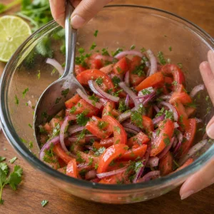 Salade tomate-oignon mélangée avec coriandre et citron vert