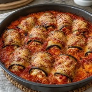 Baked eggplant involtini bubbling with tomato sauce and browned parmesan