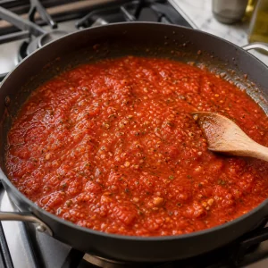 Crushed tomato sauce simmering with garlic and herbs