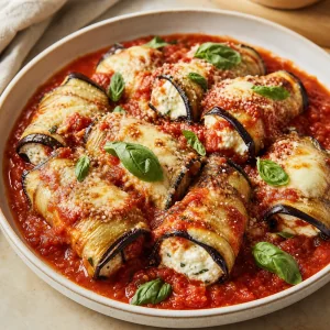 Finished eggplant involtini with tomato sauce and basil