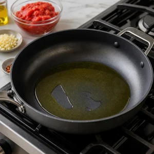 Olive oil warming in a wide skillet for tomato sauce