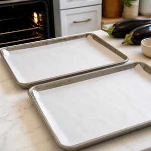 Parchment-lined sheet pans ready for eggplant