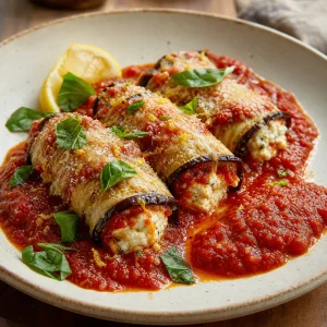 Plated eggplant involtini finished with basil and extra tomato sauce