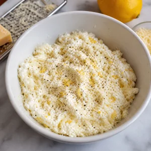 Ricotta, mozzarella, parmesan, lemon zest, and pepper filling in a bowl