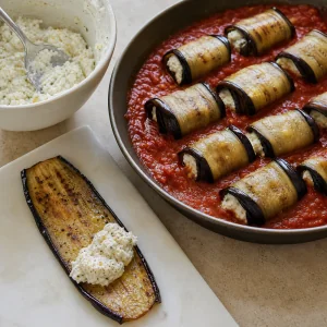 Roasted eggplant filled with ricotta and rolled into tomato sauce
