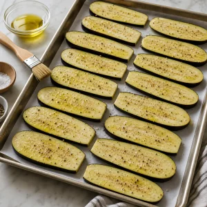 Sliced eggplant brushed with oil and seasoned on a sheet pan