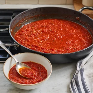 Tomato sauce with a reserved bowl spooned out for serving