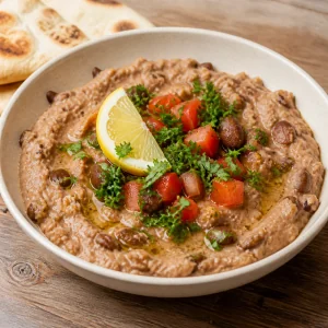Finished ful medames with lemon, tomato, parsley, olive oil, and pita