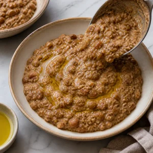 Ful medames déposé dans un bol peu profond avec un filet d'huile d'olive