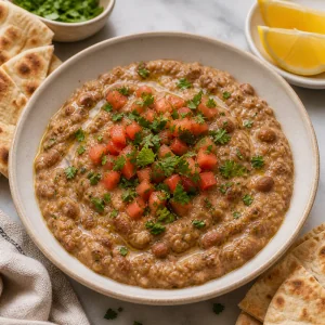 Ful medames garni de tomate et de persil, servi avec pita