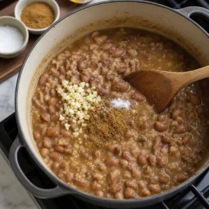 Ail, cumin et sel incorporés aux fèves qui mijotent