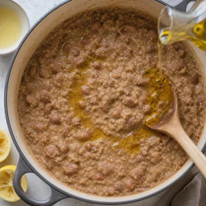 Jus de citron et huile d'olive incorporés aux fèves écrasées