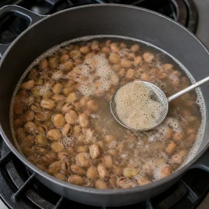 Fèves trempées qui bouillent dans une cocotte pendant qu'on écume la mousse