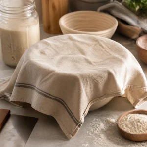 A bowl of baladi bread dough covered with a damp cloth for the autolyse rest.