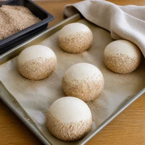 Baladi dough balls coated with wheat bran and resting on a parchment-lined tray.