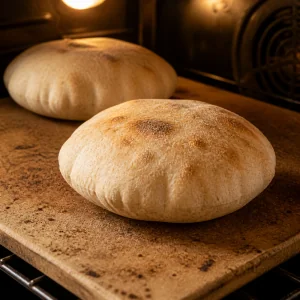 Round baladi flatbreads puffing on a hot baking stone with light golden browning.