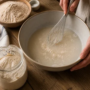 Sourdough starter being whisked into warm water in a large mixing bowl for Egyptian baladi bread.