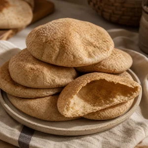 Stack of Egyptian sourdough baladi pocket breads with one torn open to show the soft pocket inside.