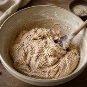 Whole wheat flour, bread flour, and salt mixed into the starter water to form a shaggy dough.