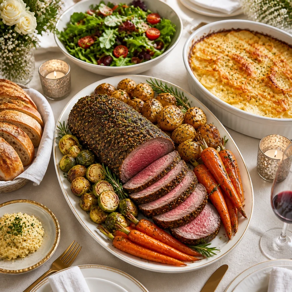 Buffet Elegante para Aniversário com Carne de Vaca Ervas e Legumes